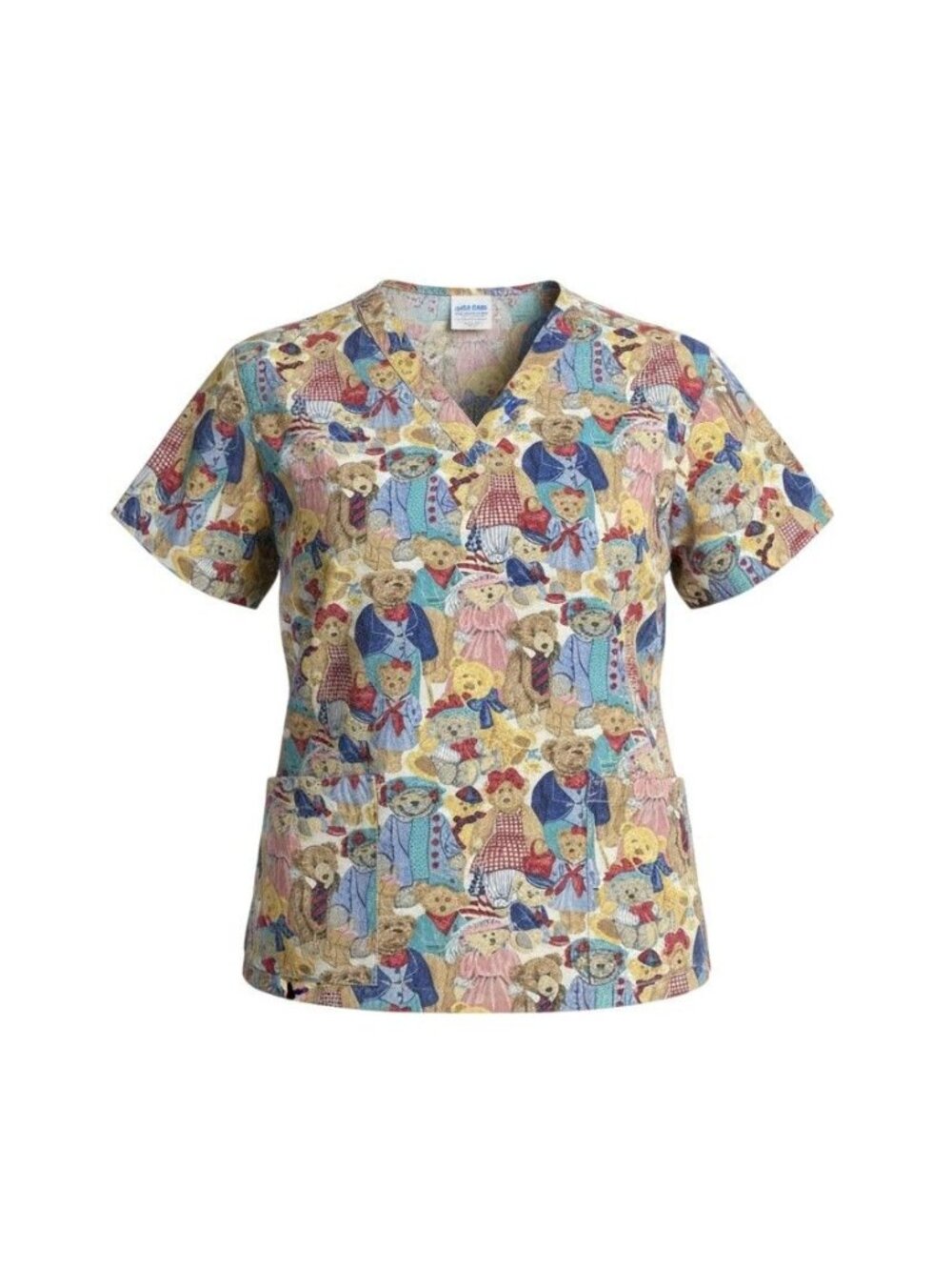 Crest Womens Multicolor Teddy Bear Print V-Neck Short Sleeve Scrub Top XL